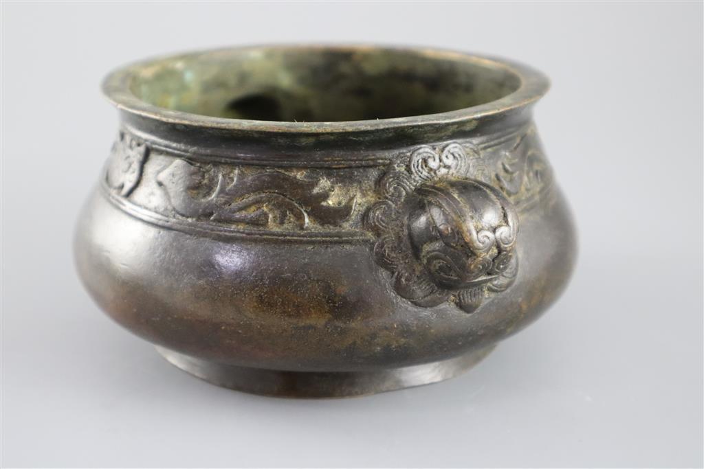 A Chinese bronze gui censer, Xuande mark but later, 16.5cm wide